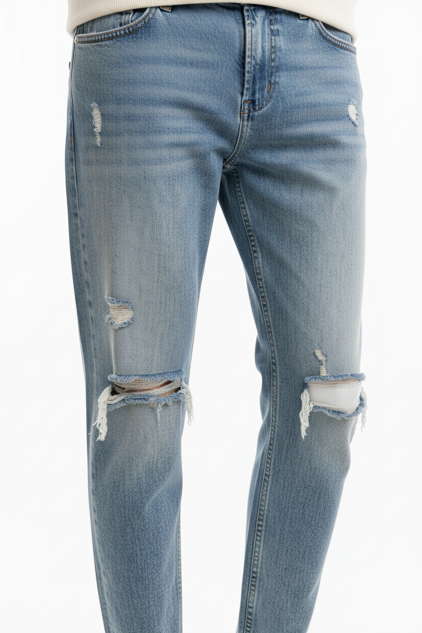 Jeans de mezclilla clara con detalles distressed