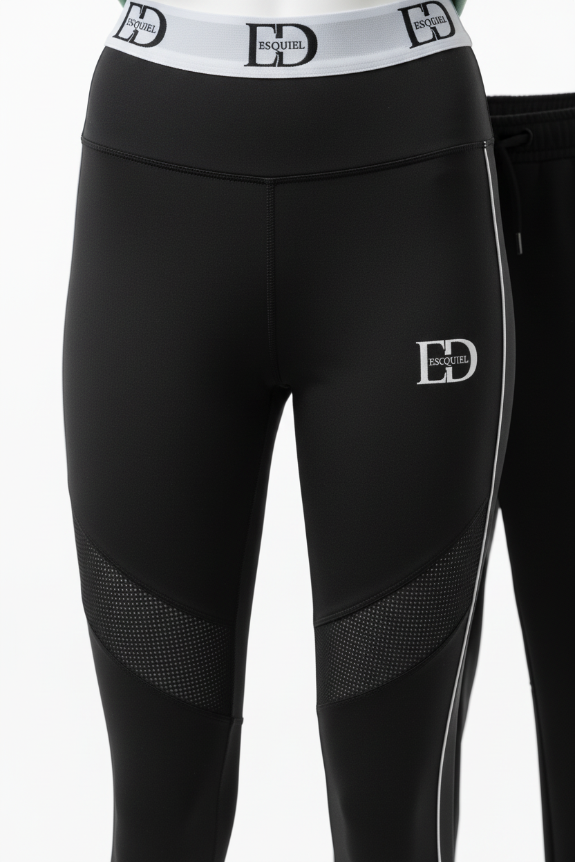 Leggings deportivos negros con banda ED y paneles de malla